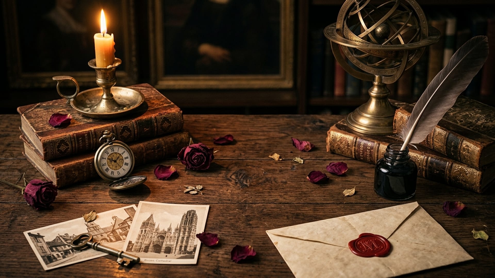 A candlelit writing desk